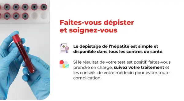 Mains gantées tenant un tube à essai de sang. Le texte encourage le dépistage de l'hépatite et le traitement, mentionnant l'hépatite médicamenteuse.