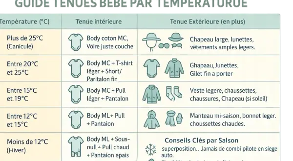 Guide pour comment s'habiller selon la température pour bébé : de la canicule à l'hiver, avec tenues intérieures et extérieures adaptées.