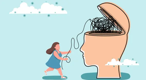 Dziewczynka próbuje rozplątać kłębek myśli w otwartej głowie, symbolizując różne nurty psychoterapii i drogę do zdrowia psychicznego.