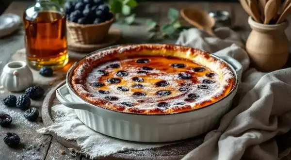 Un délicieux far breton aux myrtilles, façon Cyril Lignac, saupoudré de sucre glace. Une gourmandise à savourer.