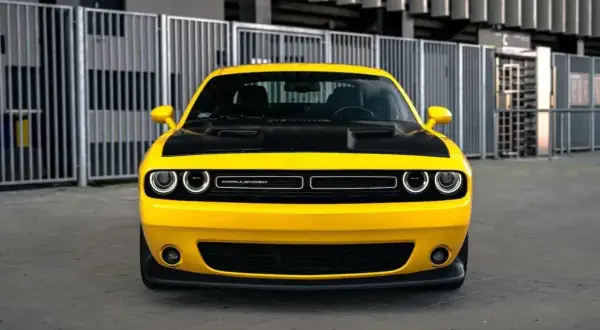 Żółty Dodge Challenger z czarną maską i felgami. Idealny do miasta, a jego dodge challenger cena zachęca do zakupu.