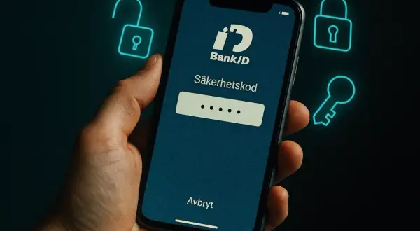 En hand håller en mobil med BankID-appens inloggningsskärm. Frågan "hur många BankID kan man ha" dyker upp i tankarna när man ser symboler för säkerhet.