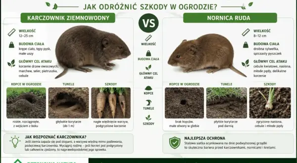 Porównanie karczownika i nornicy: szkodniki w ogrodzie. Karczownik niszczy korzenie drzew i warzyw, nornica atakuje cebule i nasiona.