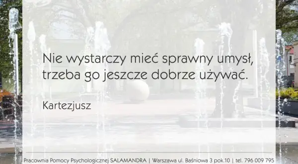 Cytat Kartezjusza: "Nie wystarczy mieć sprawny umysł, trzeba go jeszcze dobrze używać." Woda tryska z fontanny.
