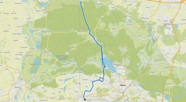 Trasy rowerowe Rybnik: mapa pokazuje malowniczą trasę rowerową przez tereny zielone i rezerwaty, łączącą Rybnik z okolicznymi miejscowościami.