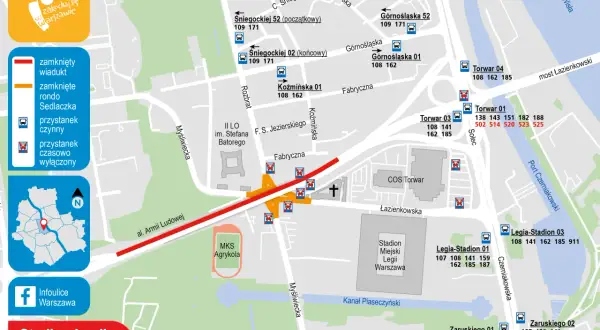 Mapa komunikacji miejskiej w Warszawie. Widoczne przystanki autobusowe, w tym autobus 162, oraz Stadion Legii.