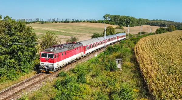 Czerwono-biały pociąg słowacki mija pole kukurydzy i zielone wzgórza w słoneczny dzień.