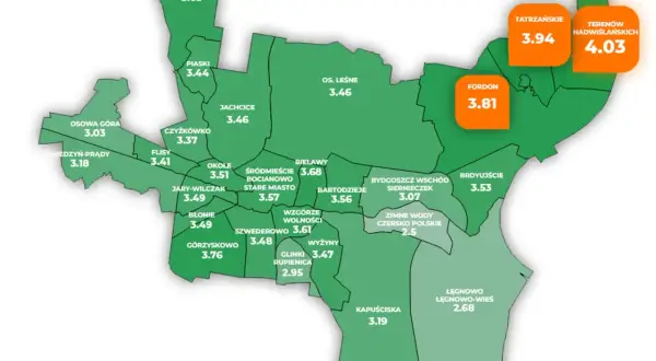 Mapa Bydgoszczy z podziałem na dzielnice i ocenami.