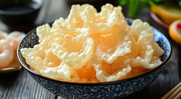 Krabbenchips selber machen: knusprige, goldgelbe Snacks in einer blauen Schale, daneben Garnelen und Sojasauce.