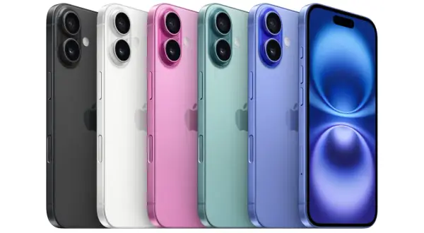 Pięć telefonów iPhone 16 w kolorach: czarnym, białym, różowym, miętowym i fioletowym.