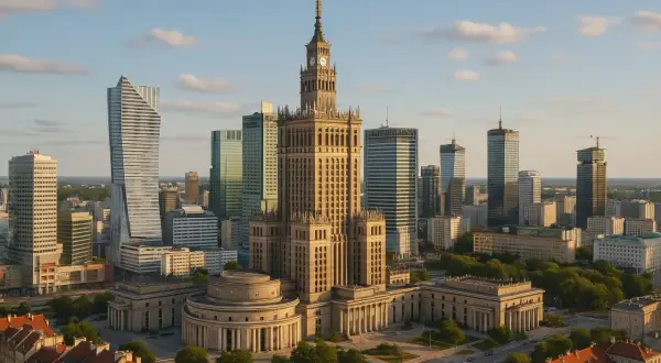 Warszawski Pałac Kultury i Nauki i nowoczesne wieżowce. Idealne miejsce, by odkrywać co robić samemu w Warszawie.