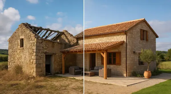 Prima e dopo: una casa di campagna in rovina trasformata in un'abitazione accogliente con tetto nuovo e portico.