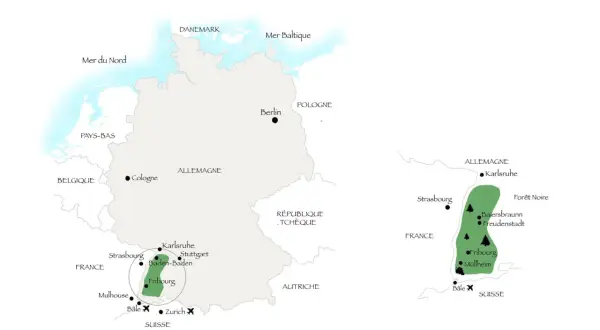 Carte du circuit touristique Forêt-Noire en Allemagne, avec les villes de Karlsruhe, Fribourg et Mulhouse.