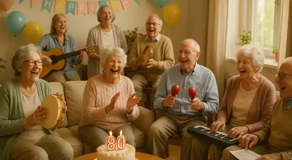 Des aînés joyeux célèbrent un anniversaire avec un quizz musical, guitare, maracas et un gâteau "80".