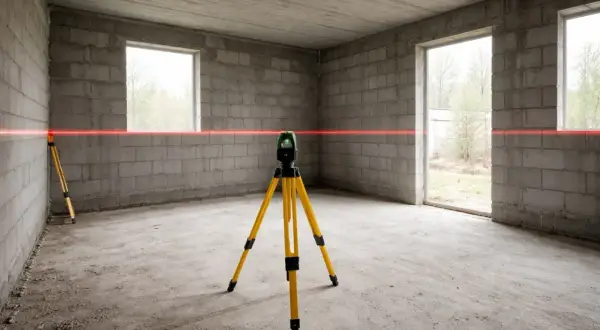Laser krzyżowy na statywie wyznacza poziom zero budynku. Czerwona linia biegnie wzdłuż ścian z pustaków.