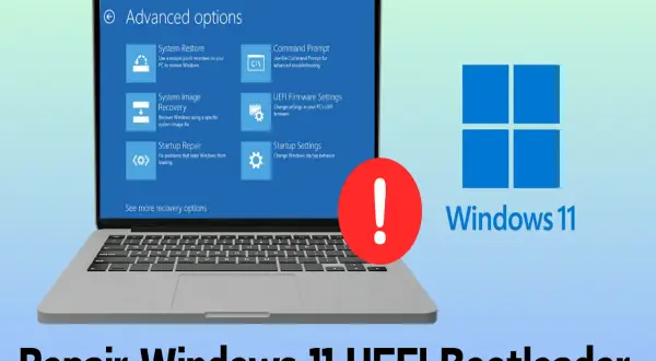 Naprawa Windows 11 UEFI bootloader na laptopie z widocznymi opcjami odzyskiwania.
