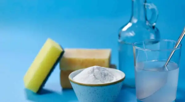 Spugna, sapone, bicarbonato e una bottiglia di aceto, ingredienti per un detersivo lavatrice fai da te.