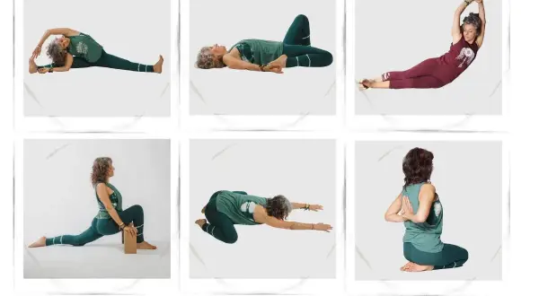 Secuencia de **yin yoga posturas**: estiramientos profundos y relajación.