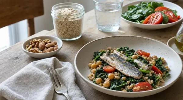 Piatto salutare con pesce, verdure e cereali: un'ottima idea su cosa mangiare con il colesterolo alto. Noci e fiocchi d'avena completano il pasto.
