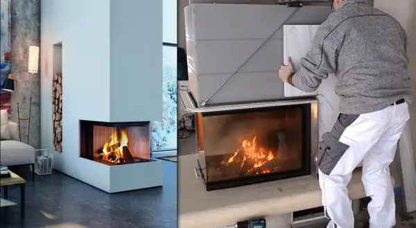 Handwerker montiert Schamottplatten an einem Kamin. Links ein fertiger Kamin mit Feuer.