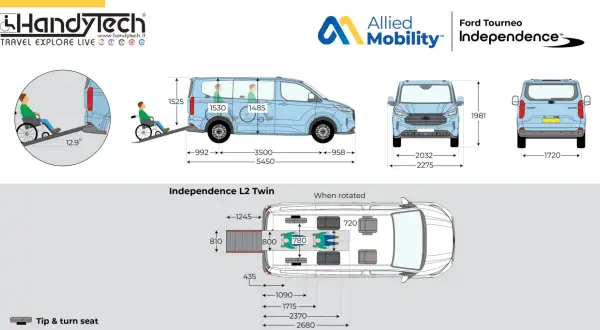 Ford Tourneo Custom: misure interne e accessibilità con rampa. Dettagli per l'Independence L2 Twin.