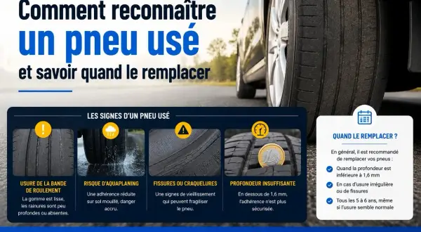 Les signes d'un pneu usé : bande de roulement lisse, risque d'aquaplaning, fissures, profondeur insuffisante. Un témoin d'usure pneu est essentiel pour la sécurité.