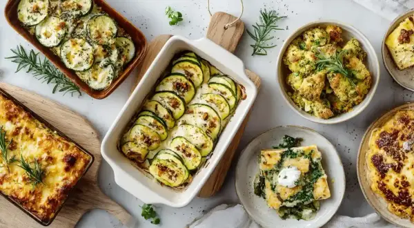 Verschiedene Aufläufe mit Zucchini-Scheiben, Käse und Kräutern. Köstliche zucchini rezepte für jeden Anlass.