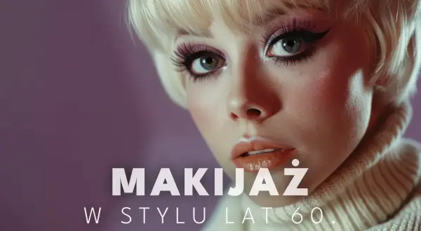 Kobieta z blond fryzurą i wyrazistym makijażem oczu, w tym kreskówkowymi kreskami i sztucznymi rzęsami. Makijaż lata 60. podkreśla jej urodę.