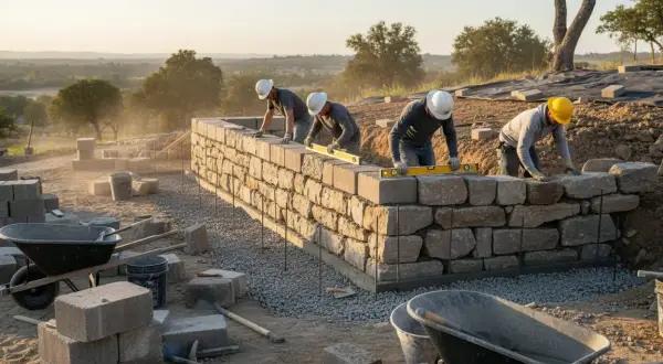 Operai costruiscono muri di contenimento in pietra, usando livelle per garantire la precisione. Il paesaggio collinare sullo sfondo suggerisce un progetto di paesaggistica.