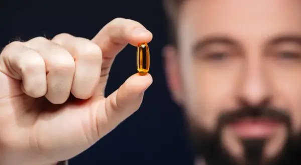 Mężczyzna trzyma kapsułkę omega-3. Lekarze potwierdzają jej pozytywny wpływ na zdrowie.