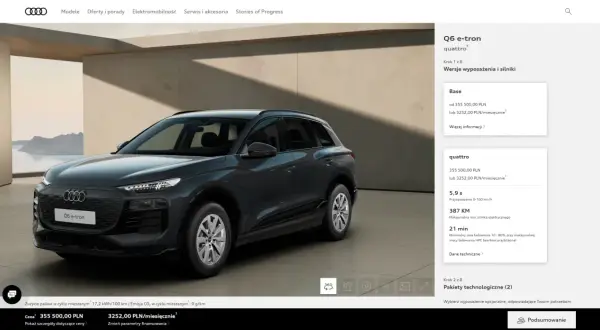 Audi Q6 e-tron quattro. Cena od 355 500,00 PLN. Elektryczny SUV z imponującymi osiągami.