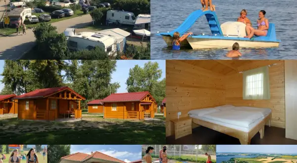 Urlaub im kemp merkur: Wohnwagen, Holzhütten, Wasserrutsche, Minigolf und ein See.