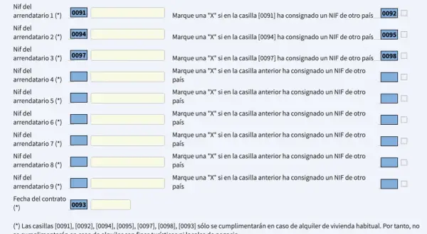 Formulario para declarar alquileres. Si alquilo un piso, tengo que declararlo. Se registran datos del arrendatario y del contrato.