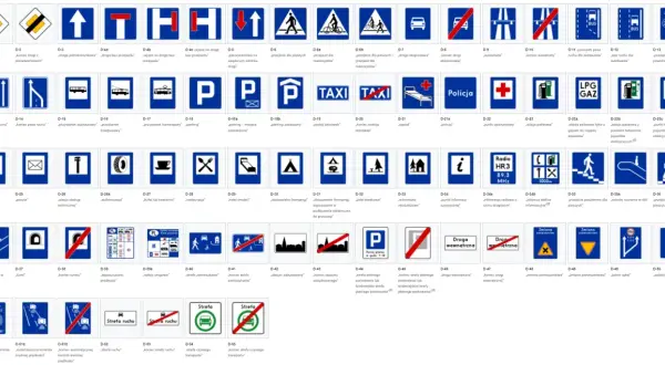 Znaki informacyjne z opisem: droga z pierwszeństwem, parking, stacja paliwowa, punkt informacji turystycznej, strefa ruchu, koniec strefy ruchu.
