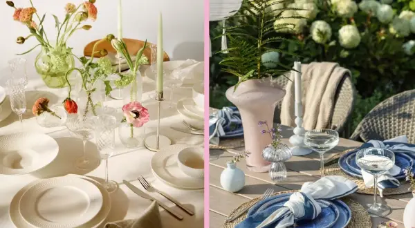 Två vackra dukningar. En inomhus med ljusa blommor och ljus, en utomhus med gröna växter och blå detaljer. En fin dukning för varje tillfälle.