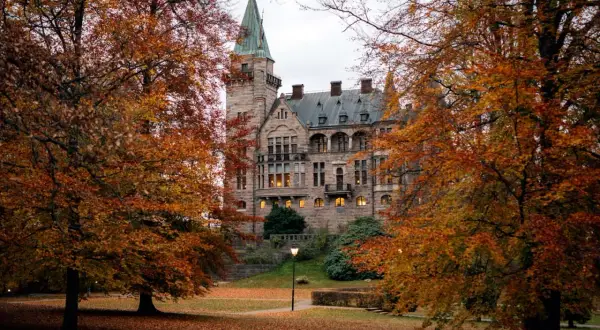 Växjö slott i höstfärger. Ett ståtligt stenbyggnad med torn och många fönster, omgivet av träd med orange löv.