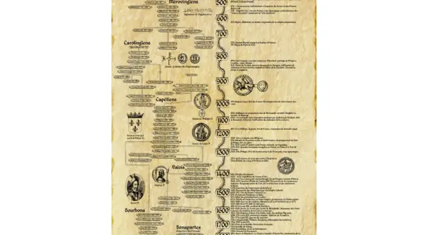 Ancienne carte généalogique des rois de France, des Mérovingiens aux Bourbons, avec une frise historique.