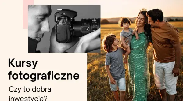 Kursy fotograficzne: mężczyzna z aparatem i szczęśliwa rodzina na tle zachodzącego słońca.