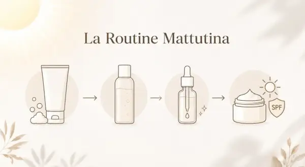 La routine skincare mattina: pulizia, tonico, siero e crema solare SPF.