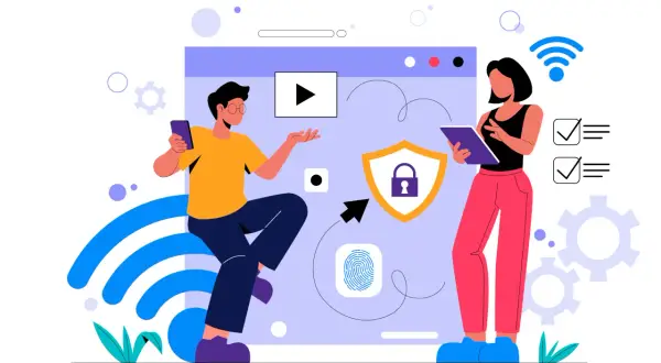 Dwie osoby dbają o **bezpieczny internet**, korzystając z urządzeń i symboli ochrony danych.