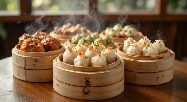 Dimmiga bambukorgar med ånga stiger från läckra dumplings.