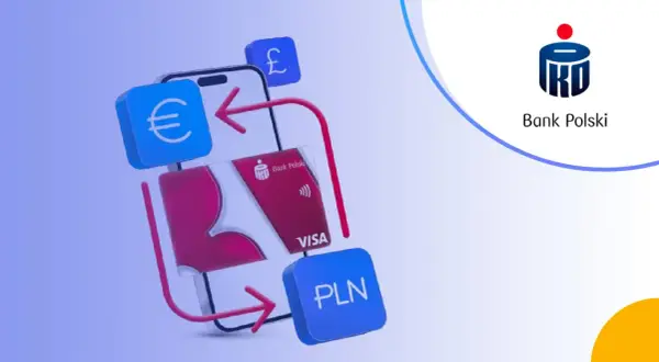 Jak wypłacić pieniądze z konta walutowego PKO? Grafika pokazuje telefon, kartę PKO Visa, symbole euro, funta i PLN, sugerując łatwe transakcje walutowe.