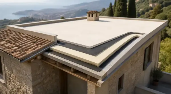 Strati di un tetto con cappotto termico sottile, che mostra isolamento e impermeabilizzazione su una casa con vista mare.