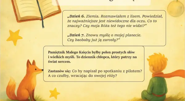 Ilustracja z Małym Księciem, lisem, otwartą książką i cytatami z dziennika.
