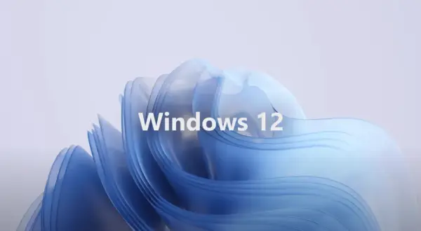 Abstrakcyjny, niebieski kształt z napisem "Windows 12". Sprawdź, jakie są Windows 12 wymagania, by cieszyć się nowym systemem.