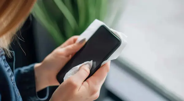 Dłonie z paznokciami w szarym lakierze wykonują czyszczenie telefonu chusteczką.