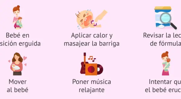 Soluciones para cólicos del lactante: bebé erguido, masajes, revisar fórmula, moverlo, música y hacerlo eructar.