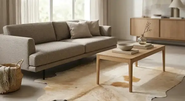 Gemütliches Wohnzimmer mit Sofa, Couchtisch und Teppich. Die moderne Einrichtung strahlt Ruhe und Gemütlichkeit aus.