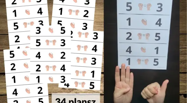 Ćwiczenia rytmiczne dla dzieci: karty z liczbami i symbolami dłoni do nauki liczenia i rytmu.