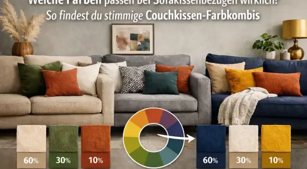 So sofa dekorieren kissen richtig kombinieren: drei Sofas mit verschiedenen Kissenfarben und eine Farbkreis-Anleitung.